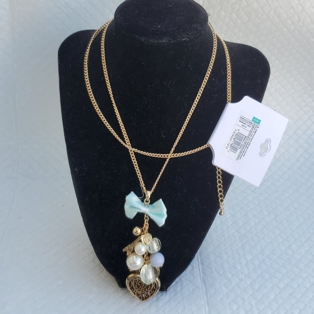 NEW GOLD LONG NECKLACE EIFFEL TOWER PEARL HEART‎ - Picture 4 of 7